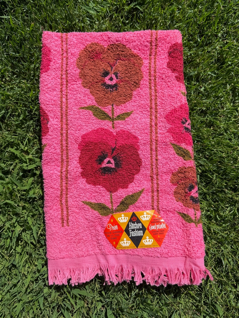 Vintage Canon Hot Pink Floral Fringed Kitchen Towel NOS 100% Cotton USA 17x30